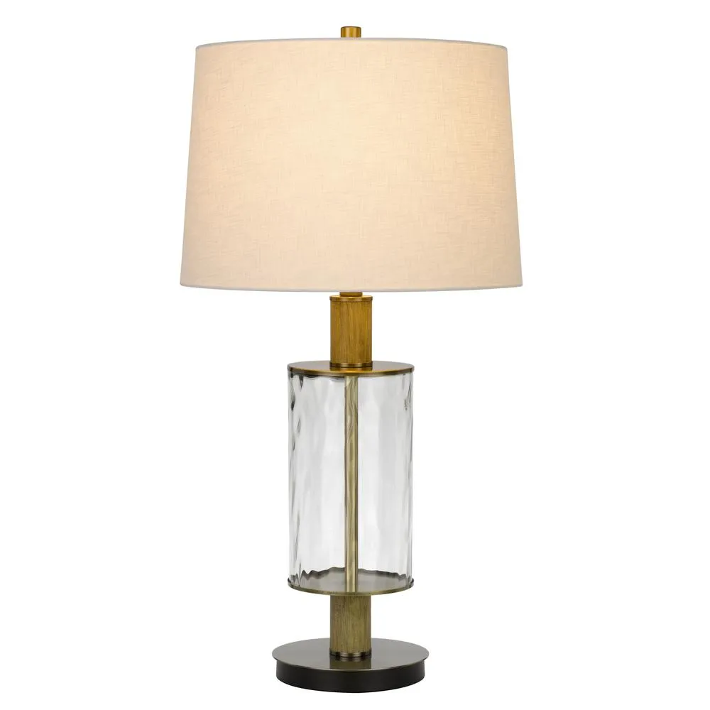 150W 3 Way Morrilton Glass Table Lamp With Wood Pole And Hardback Taper Drum Fabric Shade, Glass/Light Oak By Cal Lighting