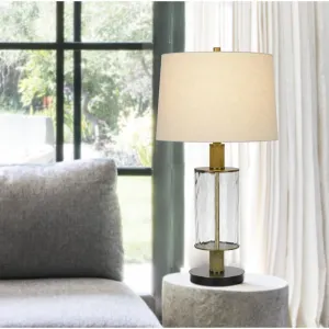 150W 3 Way Morrilton Glass Table Lamp With Wood Pole And Hardback Taper Drum Fabric Shade, Glass/Light Oak By Cal Lighting