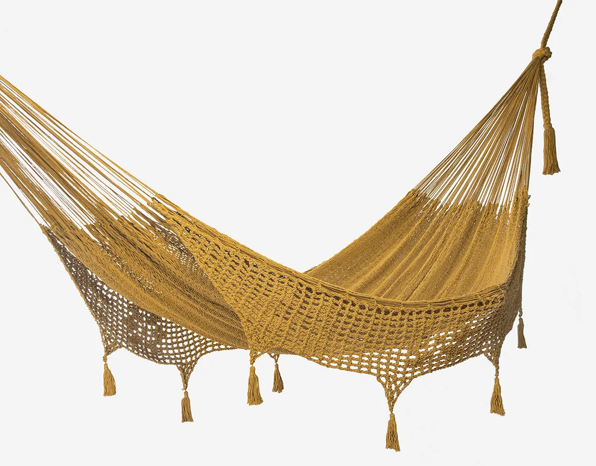 305 cm Adjustable Universal Steel Hammock Stand paired with Outdoor undercover cotton Mexican hammock  with hand crocheted tassels in 15 available catalog colours