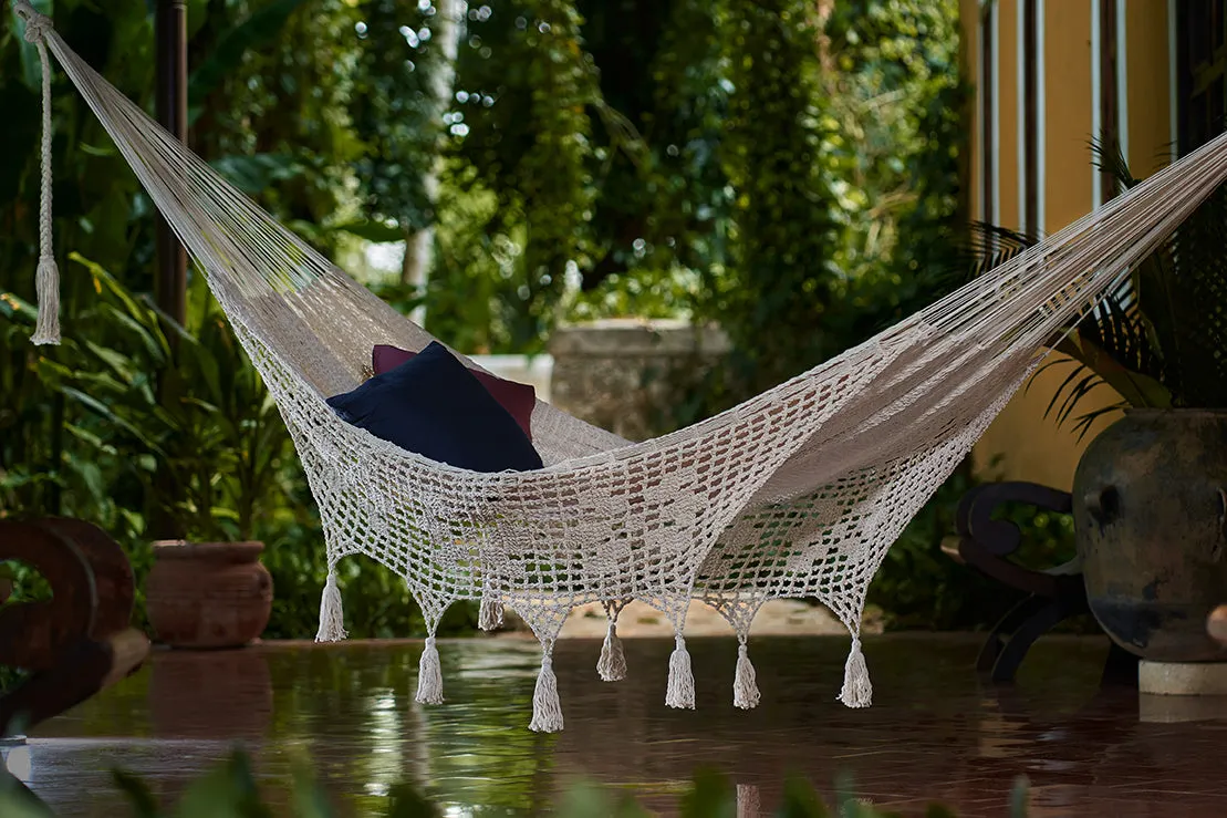 305 cm Adjustable Universal Steel Hammock Stand paired with Outdoor undercover cotton Mexican hammock  with hand crocheted tassels in 15 available catalog colours