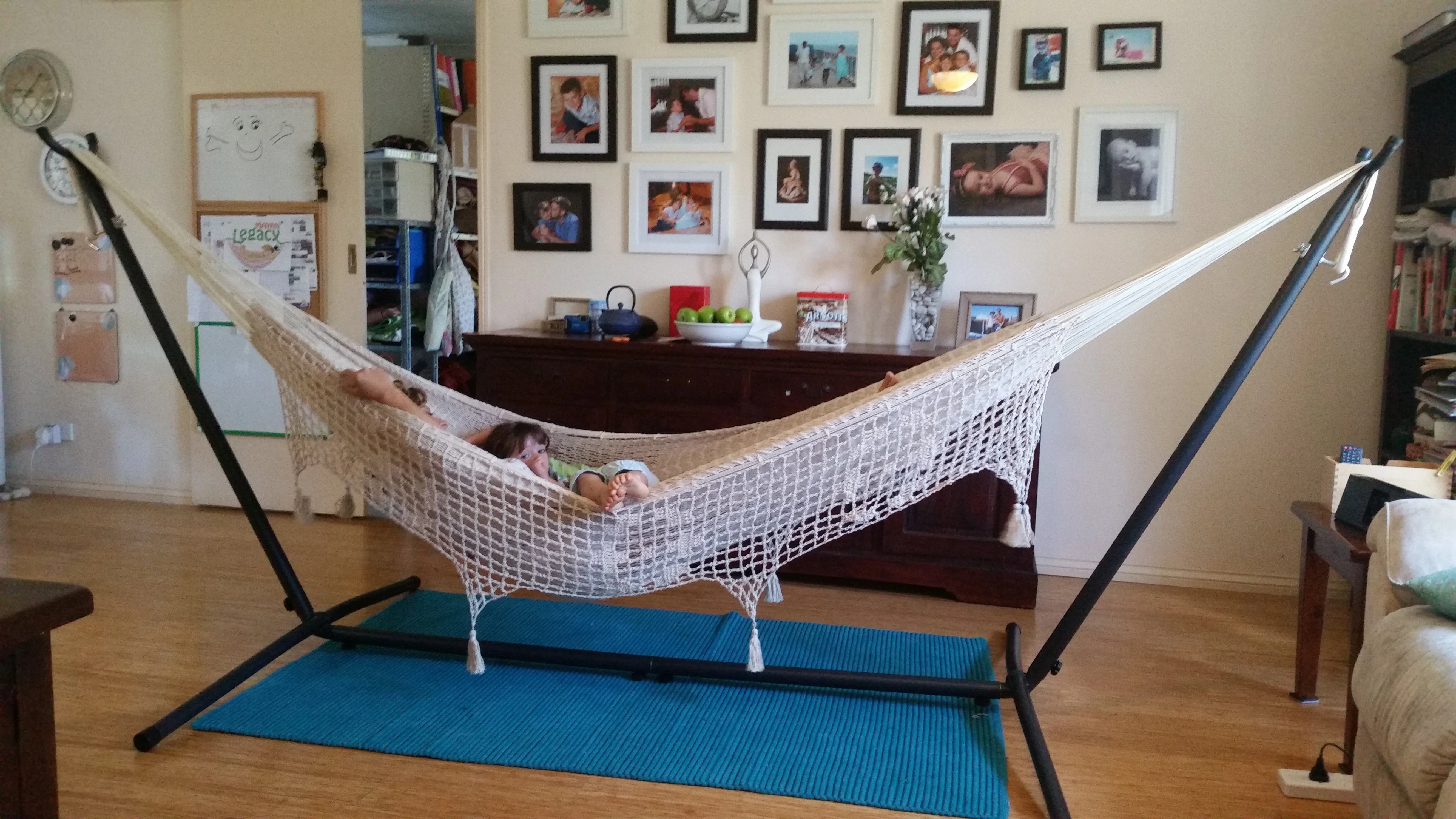 305 cm Adjustable Universal Steel Hammock Stand paired with Outdoor undercover cotton Mexican hammock  with hand crocheted tassels in 15 available catalog colours