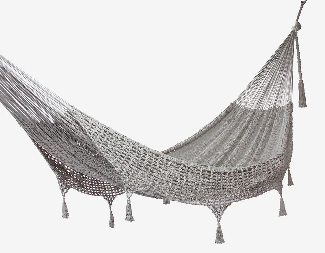 305 cm Adjustable Universal Steel Hammock Stand paired with Outdoor undercover cotton Mexican hammock  with hand crocheted tassels in 15 available catalog colours