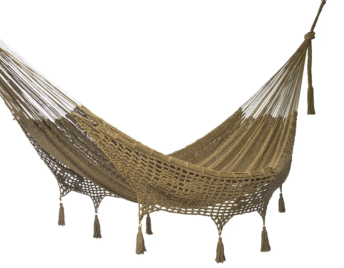 305 cm Adjustable Universal Steel Hammock Stand paired with Outdoor undercover cotton Mexican hammock  with hand crocheted tassels in 15 available catalog colours