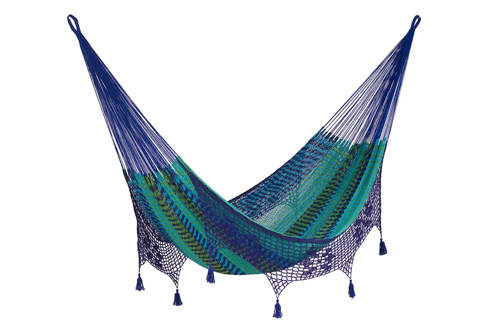 305 cm Adjustable Universal Steel Hammock Stand paired with Outdoor undercover cotton Mexican hammock  with hand crocheted tassels in 15 available catalog colours