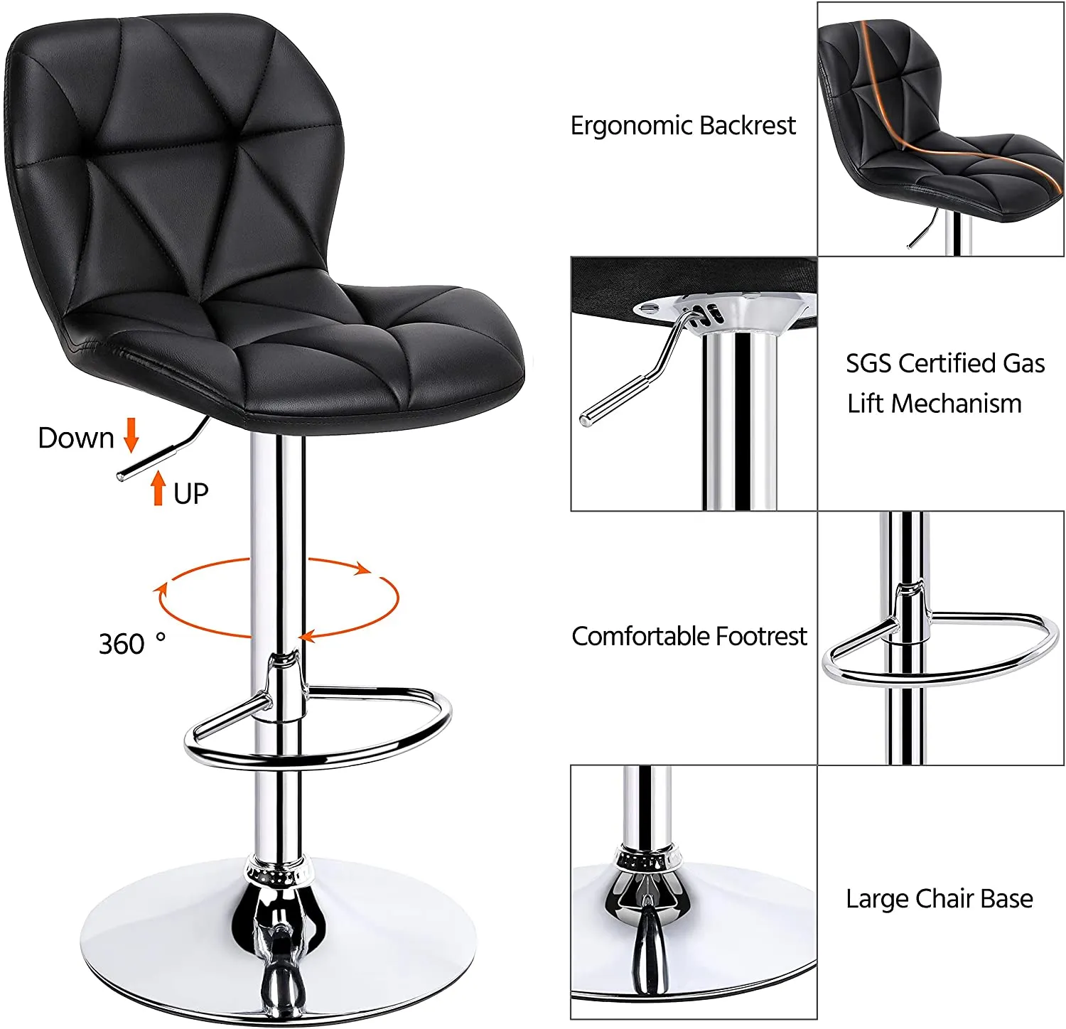 4pcs Barstools Adjustable PU Leather 360°Swivel Count Bar Chair