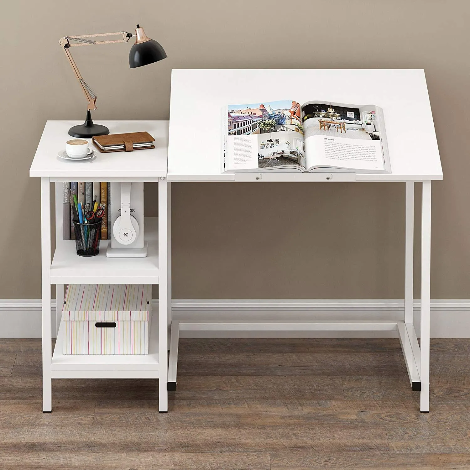 Atelier Adjustable Desk with Shelves in White