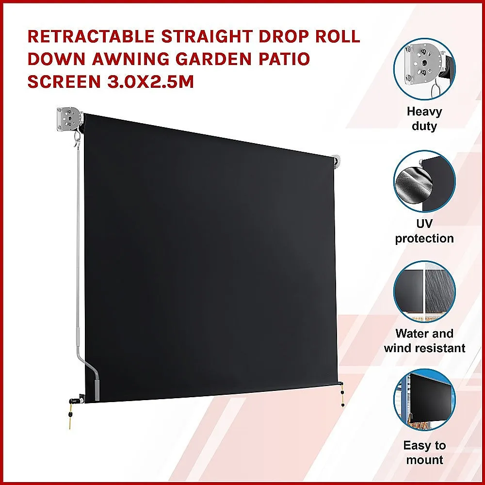 Black Retractable UV-Resistant Patio Screen Awning 3x2.5m