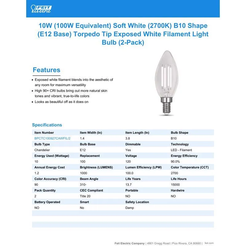 Feit White Filament B10 E12 (Candelabra) Filament LED Bulb Soft White 100 Watt Equivalence 2 pk