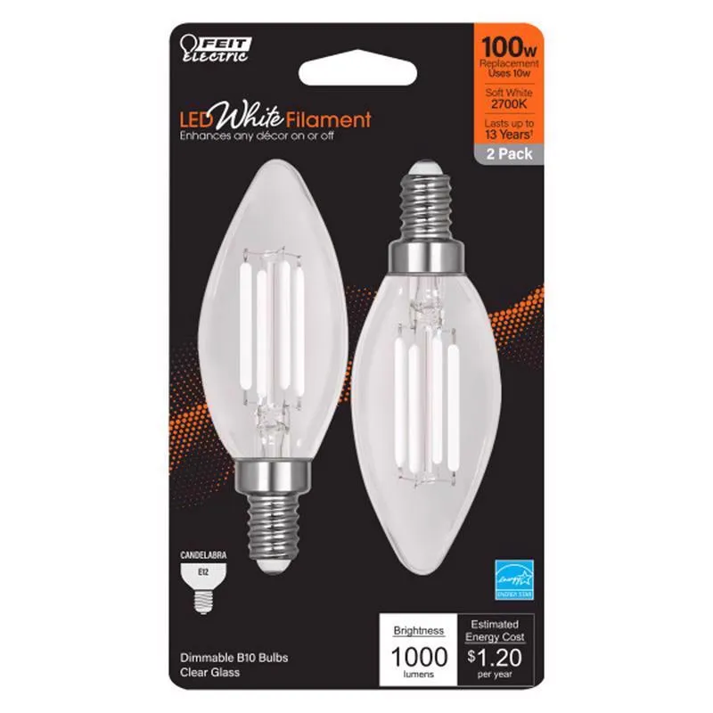 Feit White Filament B10 E12 (Candelabra) Filament LED Bulb Soft White 100 Watt Equivalence 2 pk