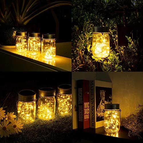 GIGALUMI Hanging Solar Mason Jar Lights, 6 Pack 30 Led String Fairy Lights Hanging Solar Lanterns Outdoor Waterproof, Hangers and Jars Included, Outdoor Decor for Garden, Patio, Yard, Porch, Wedding