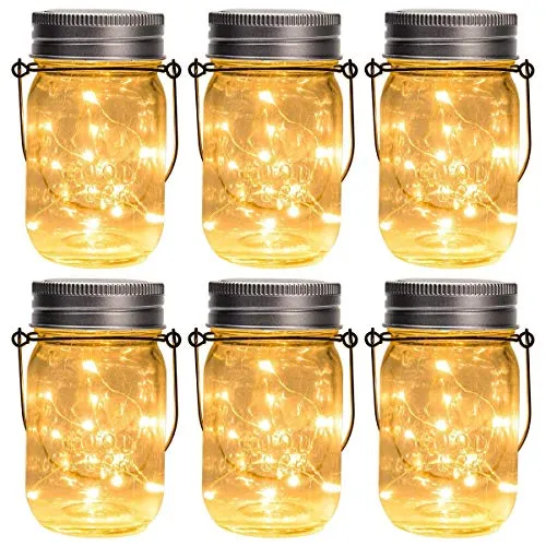 GIGALUMI Hanging Solar Mason Jar Lights, 6 Pack 30 Led String Fairy Lights Hanging Solar Lanterns Outdoor Waterproof, Hangers and Jars Included, Outdoor Decor for Garden, Patio, Yard, Porch, Wedding