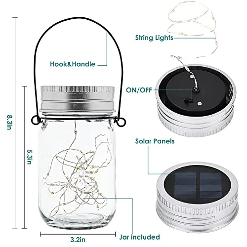 GIGALUMI Hanging Solar Mason Jar Lights, 6 Pack 30 Led String Fairy Lights Hanging Solar Lanterns Outdoor Waterproof, Hangers and Jars Included, Outdoor Decor for Garden, Patio, Yard, Porch, Wedding