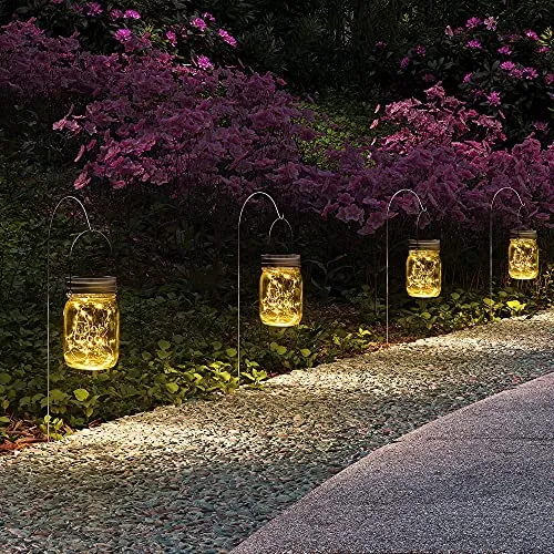 GIGALUMI Hanging Solar Mason Jar Lights, 6 Pack 30 Led String Fairy Lights Hanging Solar Lanterns Outdoor Waterproof, Hangers and Jars Included, Outdoor Decor for Garden, Patio, Yard, Porch, Wedding