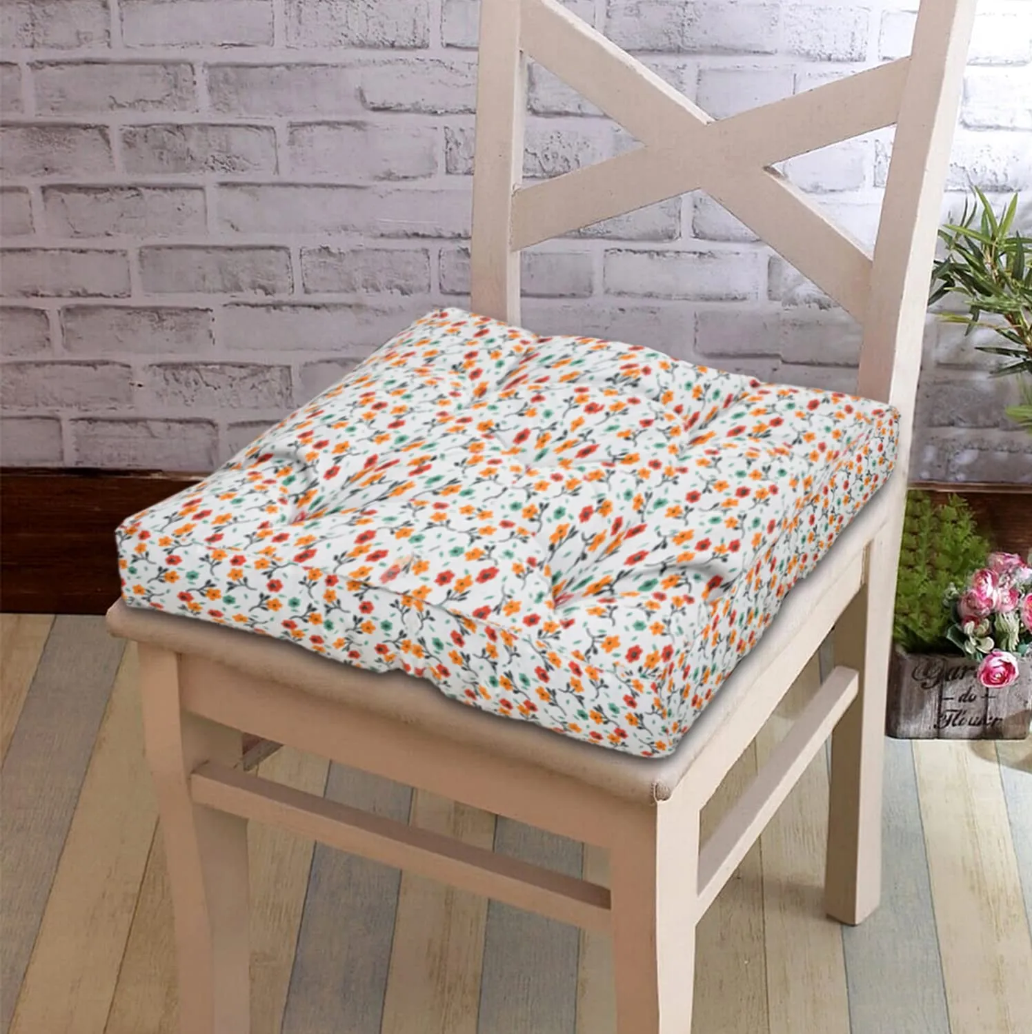 Heart Home Flower Printed Microfiber Durable, Comfortable & Soft Square Chair Pad/Cushion/Seat Pad, 18 * 18 Inch- Pack of 4 (White)