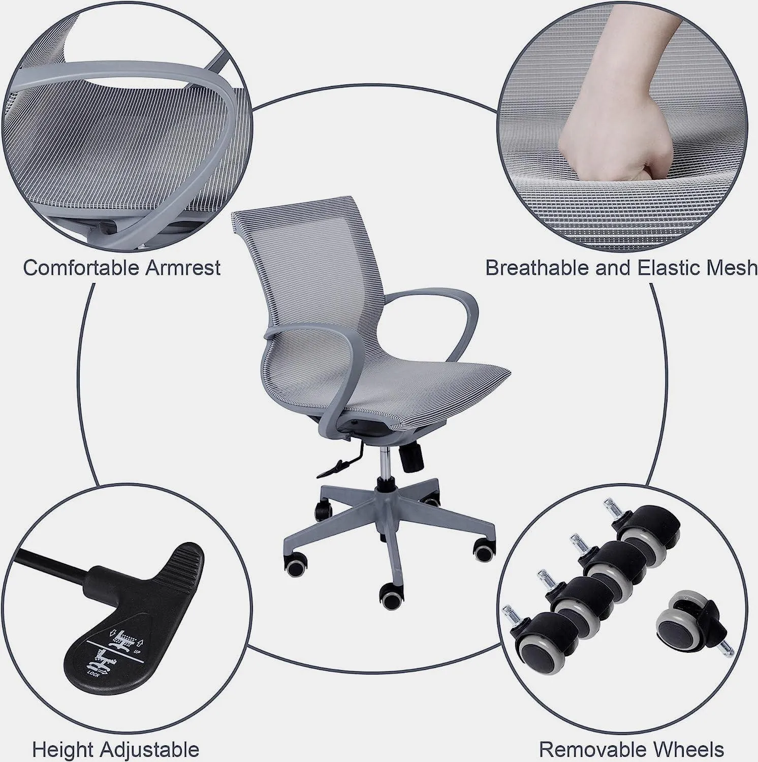 Home Office Chair Mesh Chair Breathable Back Seat Height Adjustable, Gray