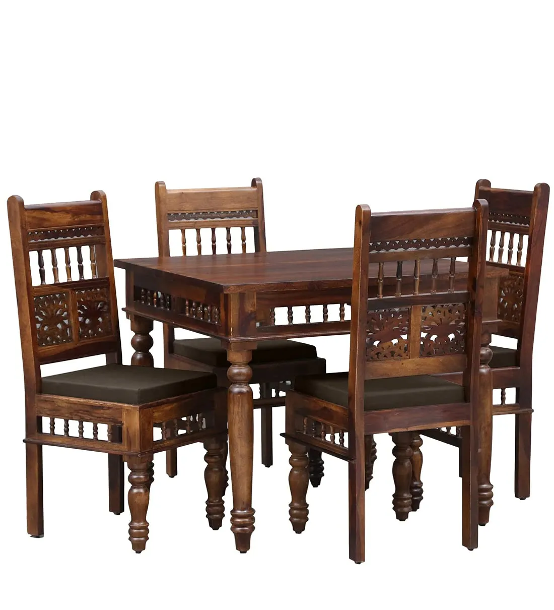 Jangid Handicraft Solid Sheesham Wood Traditional Dining Table 4 Seater | Wooden Four Seater Dinning Table with 4 Chairs for Home | Chairs with Cushion | Dining Room Sets for Restaurants | Dark Brown