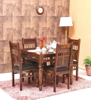 Jangid Handicraft Solid Sheesham Wood Traditional Dining Table 4 Seater | Wooden Four Seater Dinning Table with 4 Chairs for Home | Chairs with Cushion | Dining Room Sets for Restaurants | Dark Brown