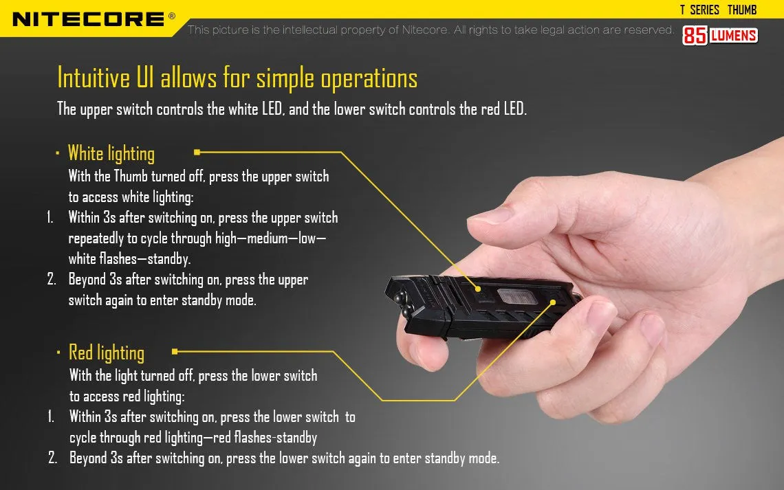 Nitecore THUMB 85 Lumens USB Rechargeable White & Red LED Keychain Light