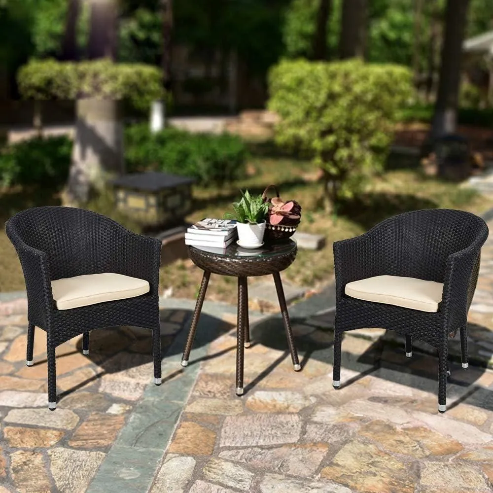 Patio Rattan Chair Stackable Coffee Dining Wicker Chair with Cushions & Arm, Black