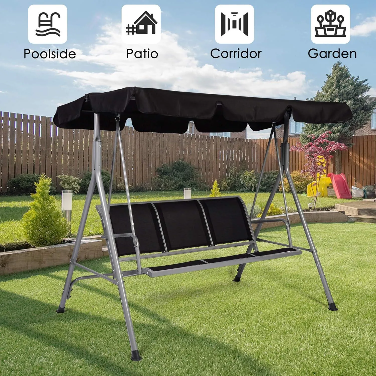 Patio Swing 3-Person Comfy Outdoor Swing Chair with Adjustable Canopy, Weather Resistant Frame and Mesh Seat, Black