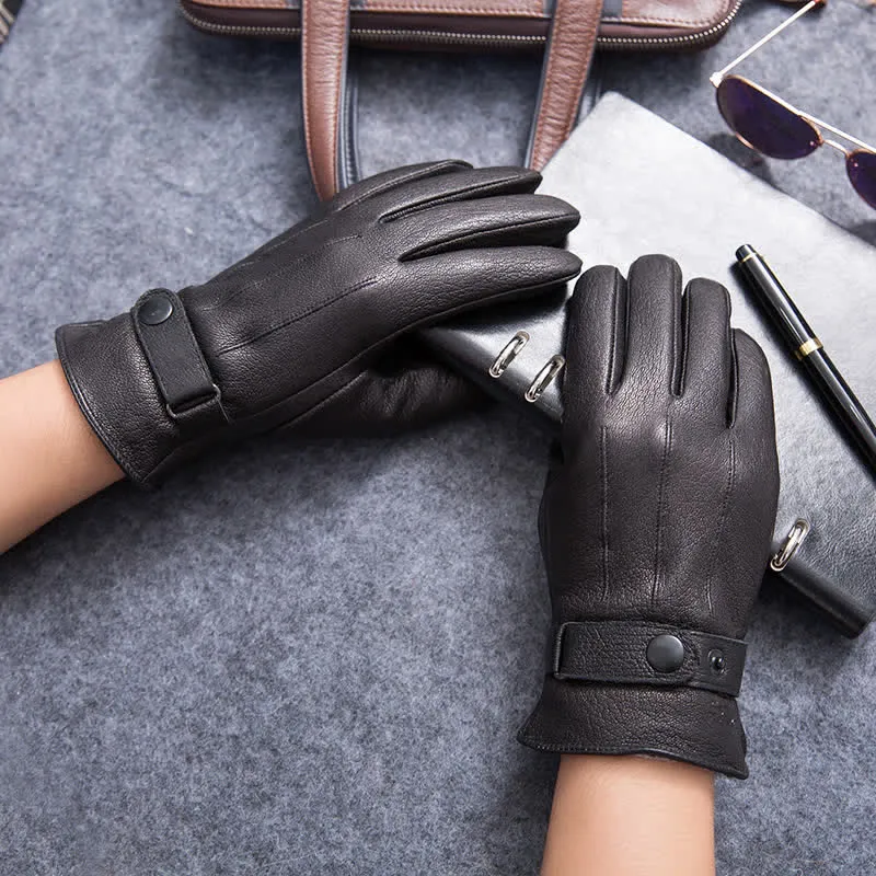 Plush Lining Warm Anti Slip Leather Gloves