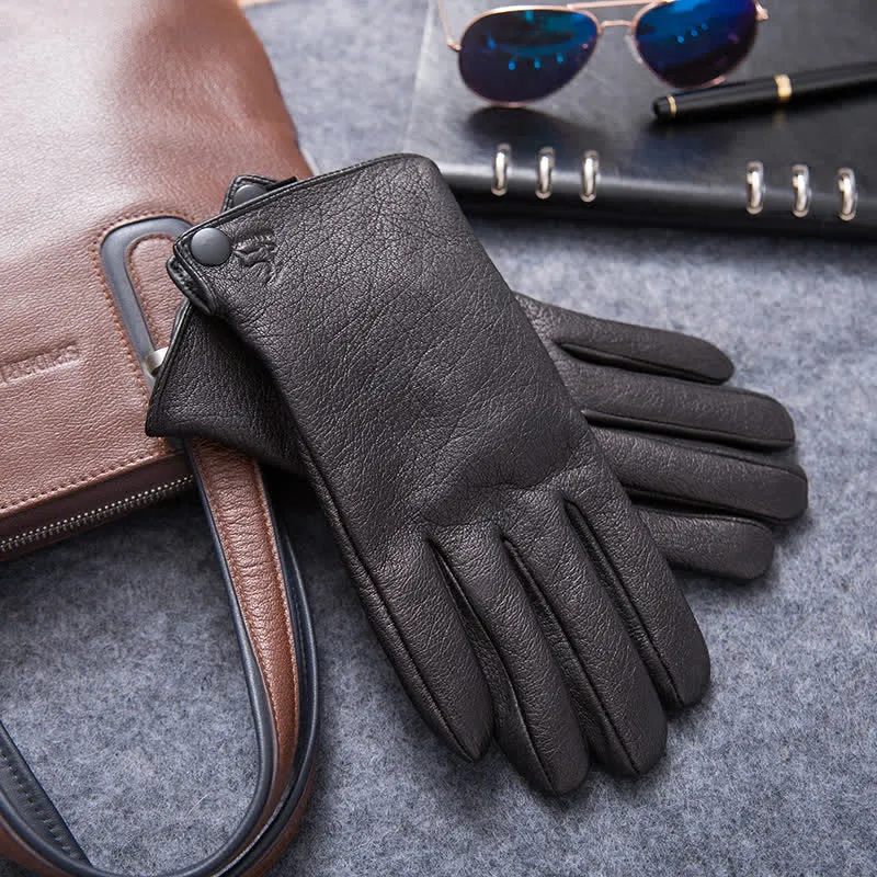 Plush Lining Warm Anti Slip Leather Gloves