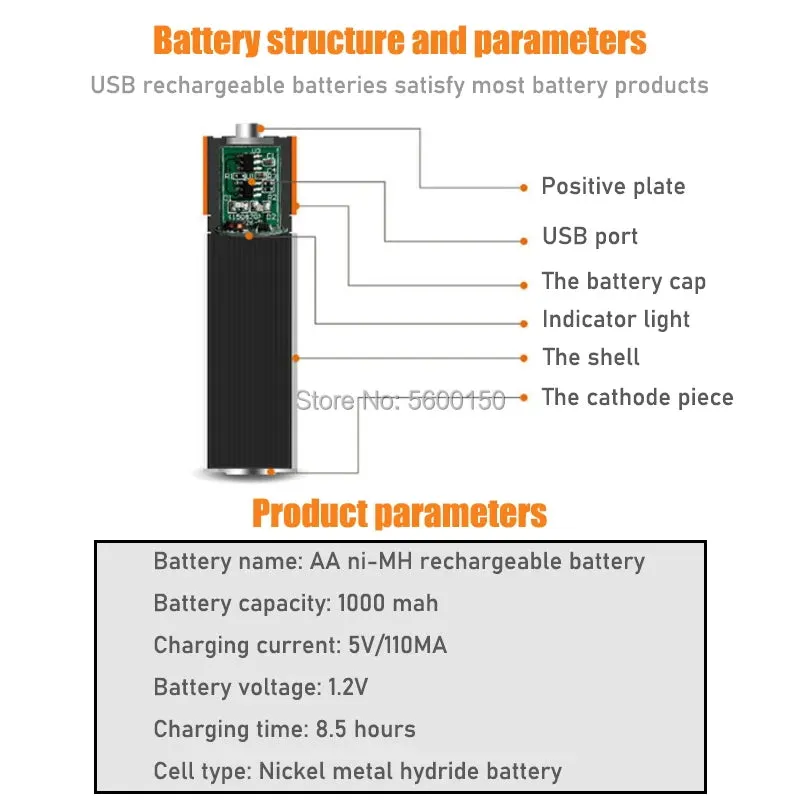 Portable 1.2V 1000mAh AA Size USB Rechargeable Batteries Long Using Time Micro USB Charging Batteries Set With LED Indicator