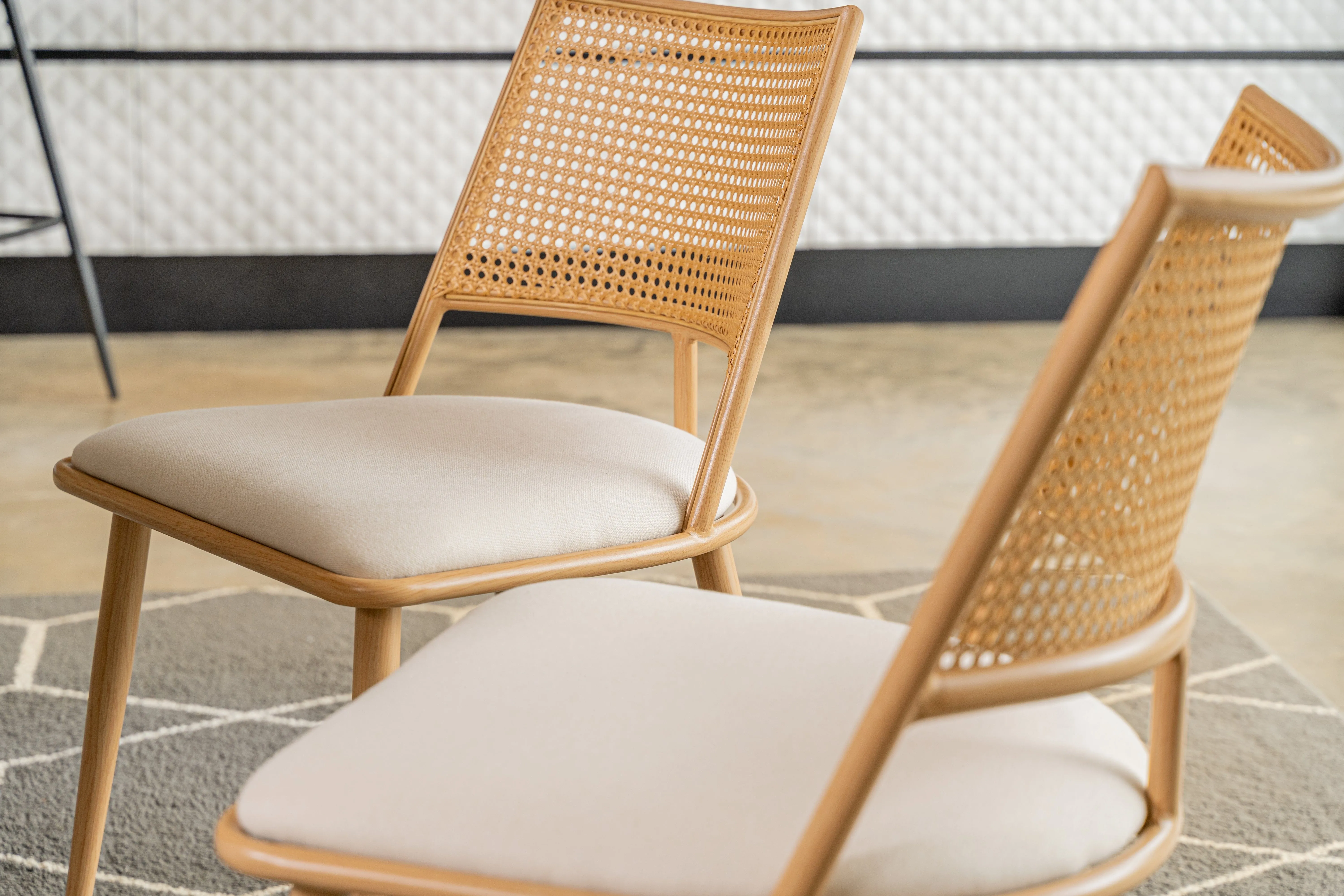 Set of 2 Boho Rattan Dining Chairs With PU Or Boucle Upholstery