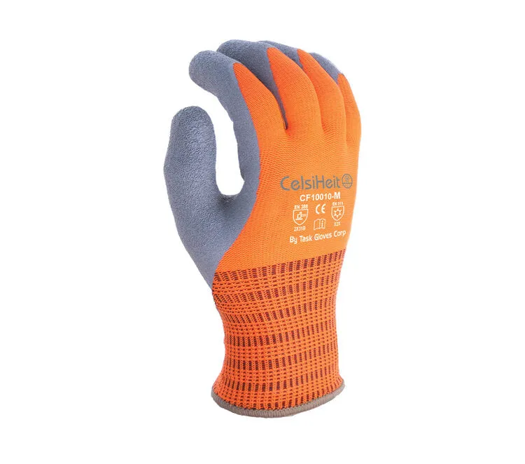 TASK GLOVES - (CT3001) Heavy Thermal coated Hi-Vis Orange Gloves, Double layered Acrylic insulation, Gray Latex palm coated - Quantity 12 Pair